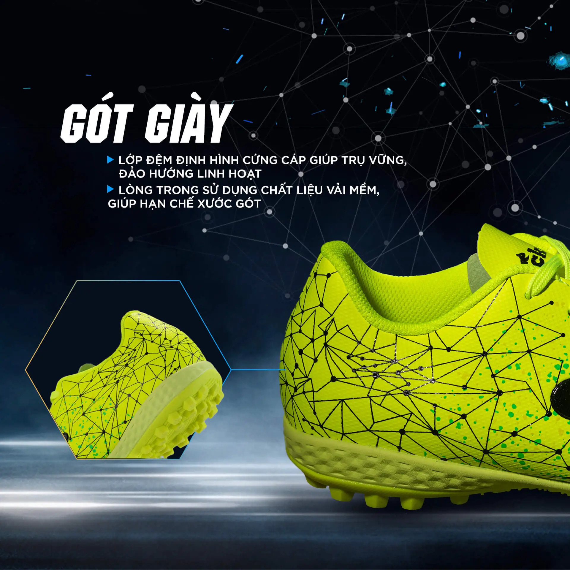 Gót giày đá bóng xanh chuối Zocker Inspire Pro với lớp định hình cứng cáp