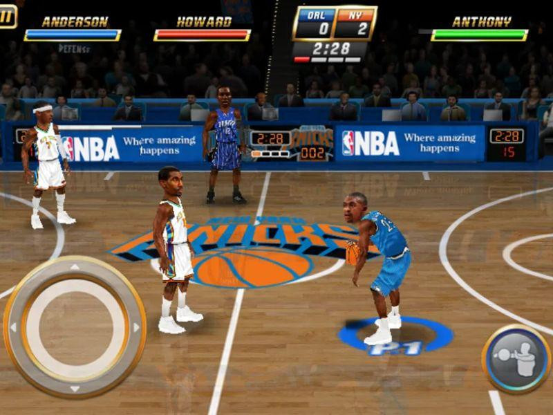 Hai cầu thủ bóng rổ hoạt hình đang nhảy úp rổ trong game NBA Jam