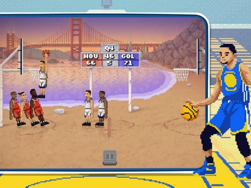 Hai cầu thủ bóng rổ pixel 2D đang thi đấu trên sân trong game Bouncy Basketball