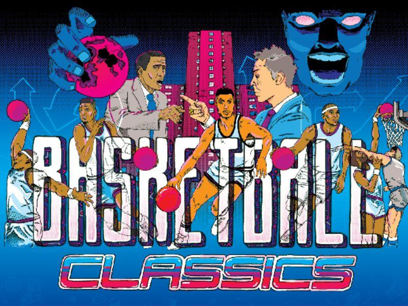 Hai cầu thủ bóng rổ pixel trong game Basketball Classic đang thi đấu trên sân