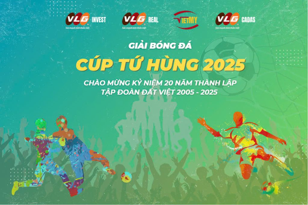 Hình ảnh cầu thủ và lãnh đạo Tập đoàn Đất Việt cùng chiếc cúp vô địch tại giải bóng đá Cúp Tứ Hùng