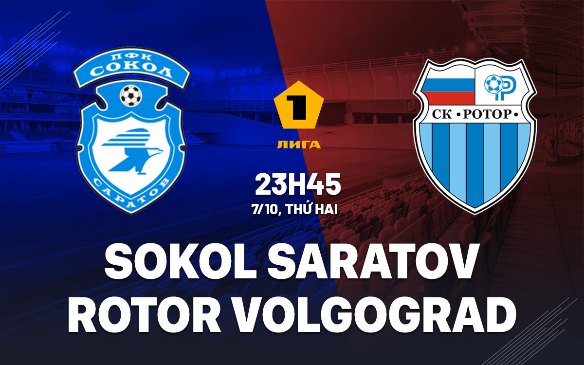 Hình ảnh trận đấu giữa Sokol Saratov và câu lạc bộ bóng đá Rotor Volgograd tại Giải Hạng Nhất Nga, thể hiện tinh thần thi đấu quyết liệt.