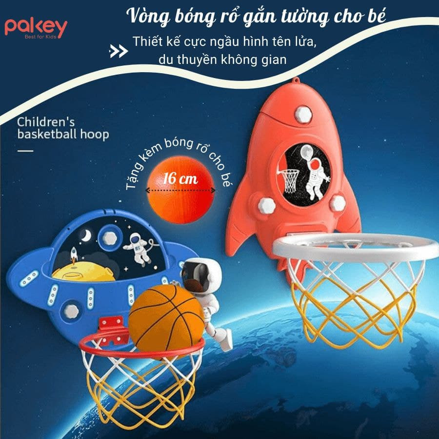 Họa tiết tên lửa đáng yêu và màu sắc bắt mắt của bộ bóng rổ cho bé Pakey