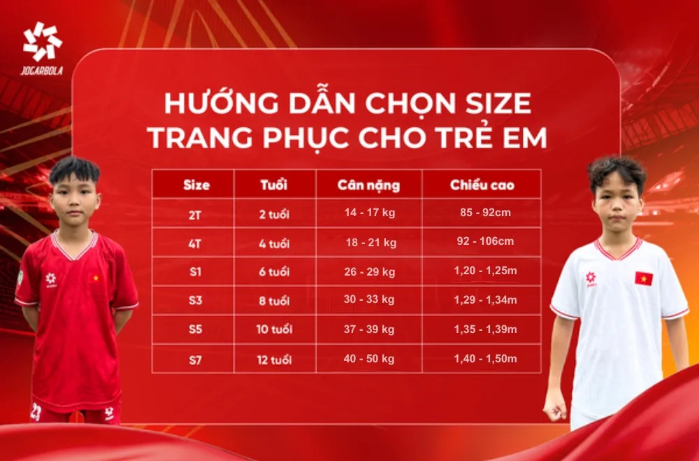 Hướng dẫn chọn size quần áo bóng đá trẻ em Jogarbola