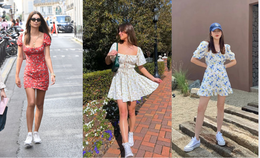 Outfit bắt mắt với váy hoa ngắn nữ tính, trẻ trung, cùng giày thể thao trắng năng động
