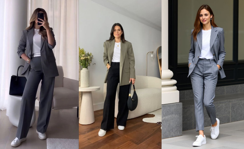 Kết hợp suit với áo thun và giày trắng - công thức chuyên nghiệp kiểu mới.