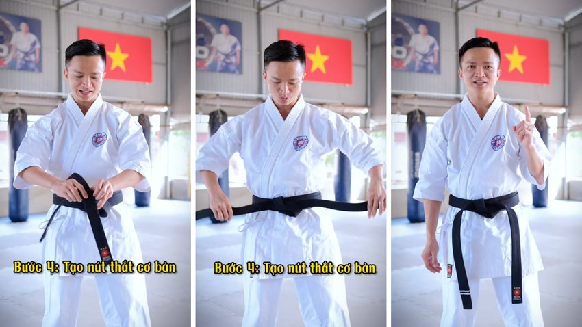 Hoàn thiện nút thắt đai võ Karate cơ bản, điều chỉnh để đảm bảo hai đầu đai cân bằng và chắc chắn.