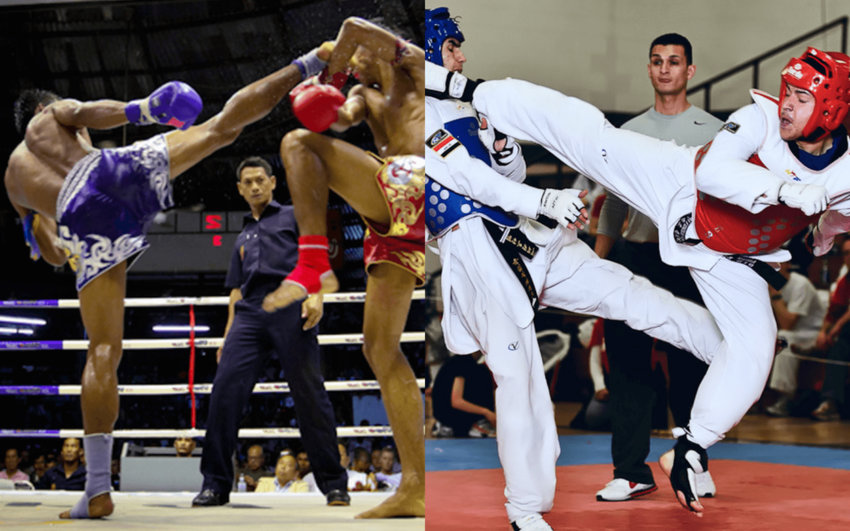 Một võ sĩ Muay Thai đang thực hiện cú đá mạnh mẽ, thể hiện sức mạnh toàn thân