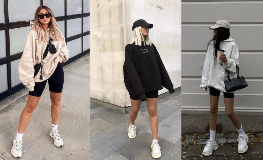Quần short biker phối hoodie và giày thể thao trắng đầy hiện đại và cá tính