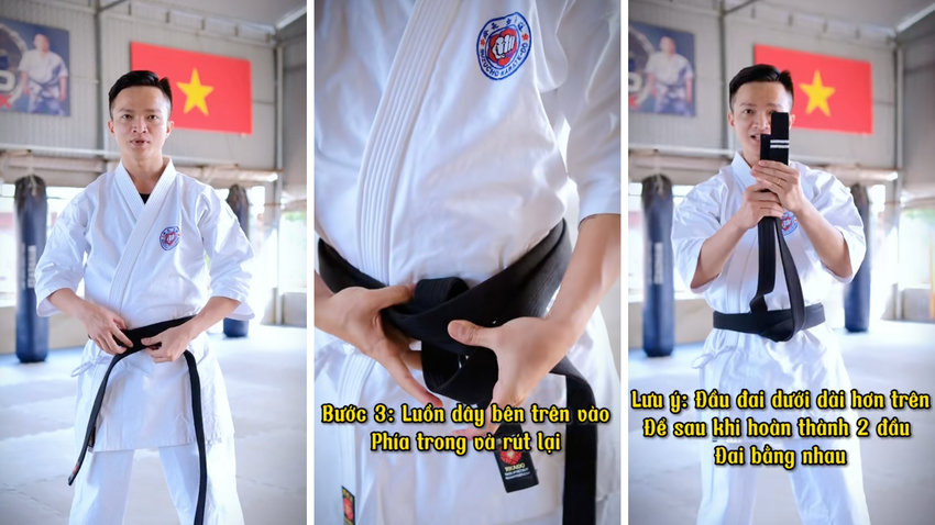 Thực hiện bước luồn đầu đai Karate bên trên vào trong các lớp đai để cố định, tạo nền tảng cho nút thắt.