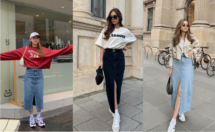 Chân váy jeans cũng là “item” phù hợp với nhiều dáng giày thể thao