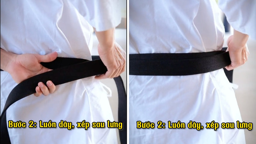 Vòng hai đầu đai Karate ra sau lưng và đưa trở lại phía trước, một bước quan trọng trong cách thắt đai võ Karate.