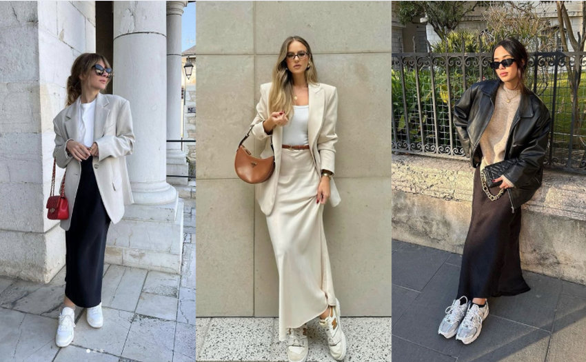 Váy lụa cùng blazer và giày thể thao trắng tạo cảm giác vừa mềm mại, thanh thoát lại vừa đúng chất “phụ nữ hiện đại”