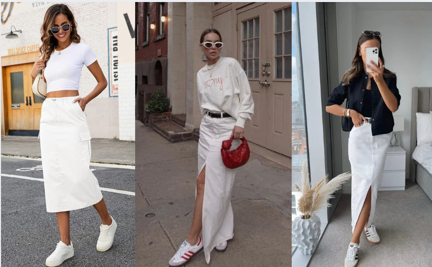 Outfit chân váy jeans kết hợp giày thể thao trắng là lựa chọn hàng đầu cho cô nàng cá tính