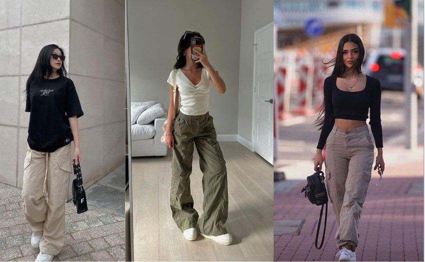 Từ áo phông đến áo kiểu nữ tính kết hợp với quần cargo, giày thể thao trắng đều có thể “cân gọn”