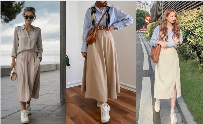 Chân váy midi phối cùng giày thể thao trắng, phù hợp với nhiều kiểu túi xách tiện dụng