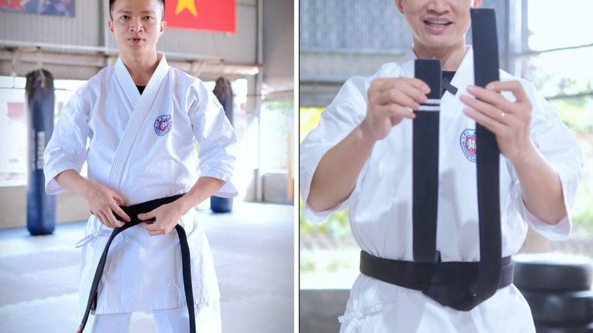 Quấn hai vòng đai Karate quanh eo và điều chỉnh độ dài lệch nhau, chuẩn bị cho cách thắt đai võ Karate cường độ cao.