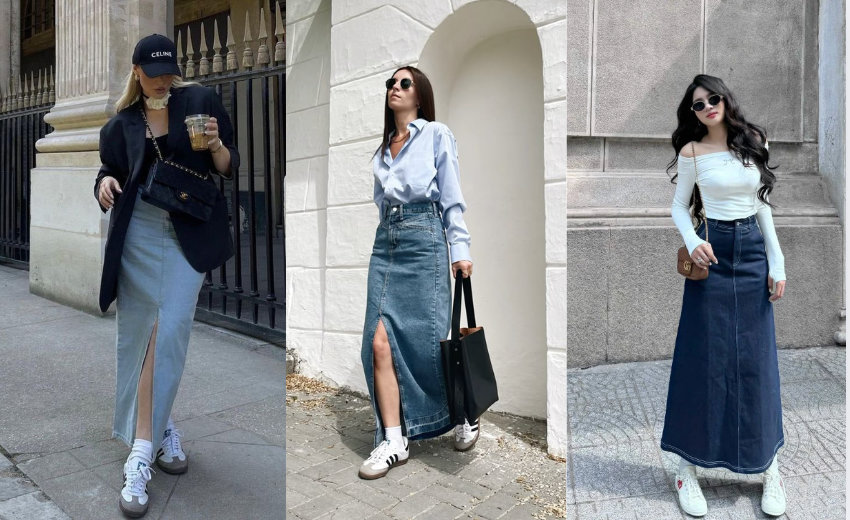 Chân váy jeans phối cùng áo phông, sơ mi, trễ vai hay blazer đều hợp