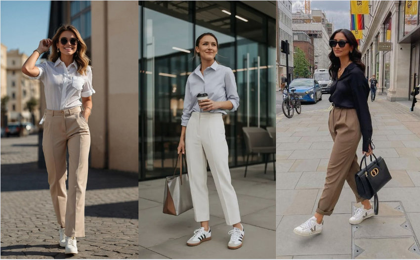 Outfit công sở gọn gàng với quần tây phối sơ mi cổ điển