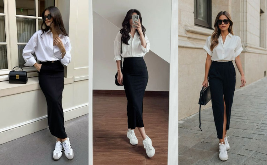 Giày thể thao trắng giúp tổng thể năng động mà vẫn giữ sự chuyên nghiệp