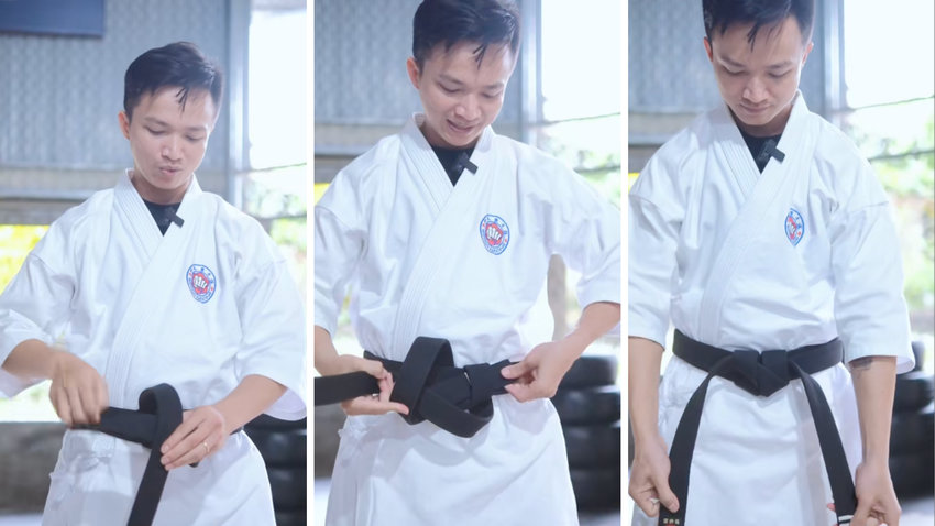 Thắt nút cuối cùng và điều chỉnh đai Karate, đảm bảo sự chắc chắn và gọn gàng cho buổi tập cường độ cao.
