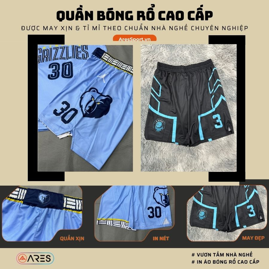 In quần bóng rổ có tay đẹp, ngắn trên gối, chuẩn form và xẻ nhà nghề chuyên nghiệp