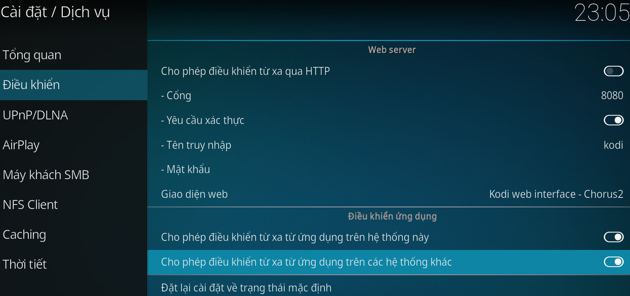 Kích hoạt điều khiển từ xa trong cài đặt Kodi, giúp dễ dàng điều khiển trải nghiệm xem bóng đá