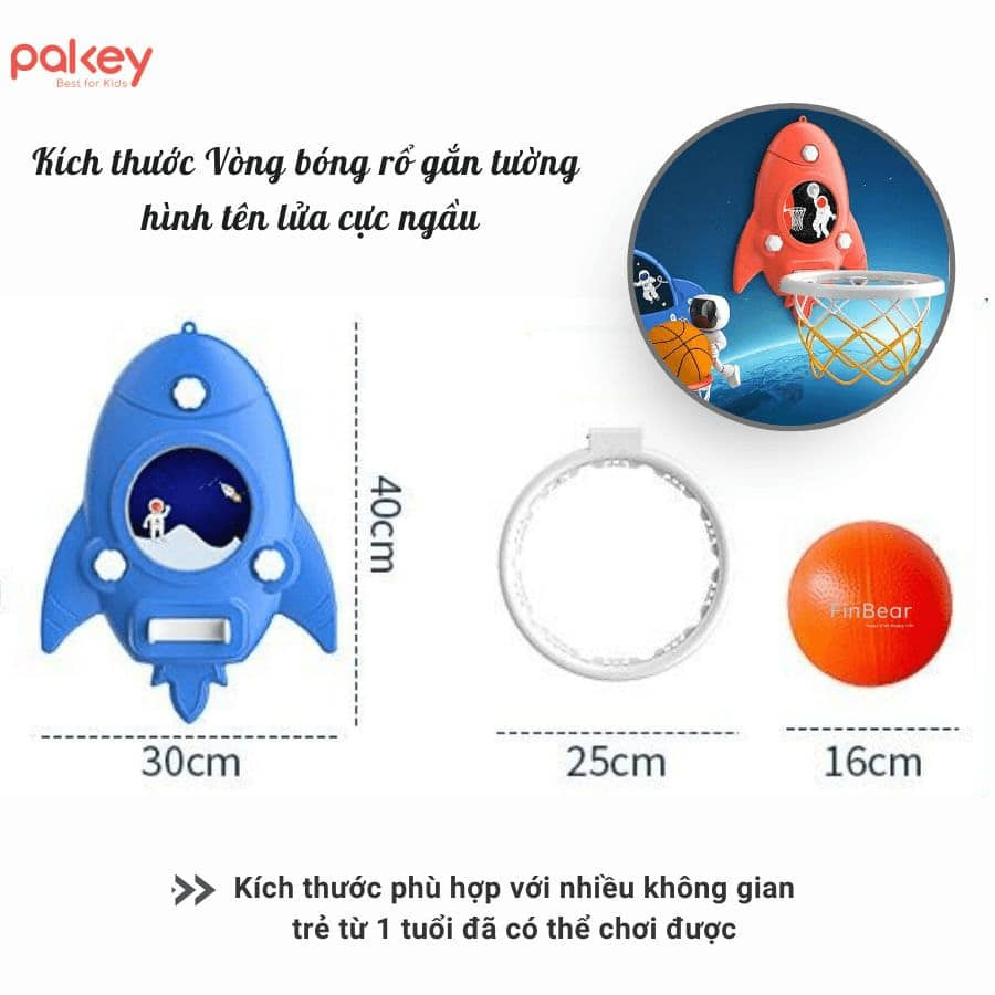 Kích thước nhỏ gọn và thiết kế gắn tường của bộ bóng rổ cho bé Pakey
