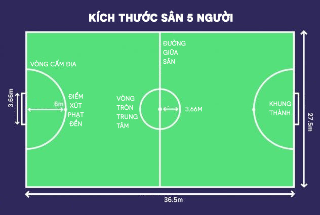 kích thước sân bóng đá 5 người theo chuẩn của fifa là bao nhiêu?