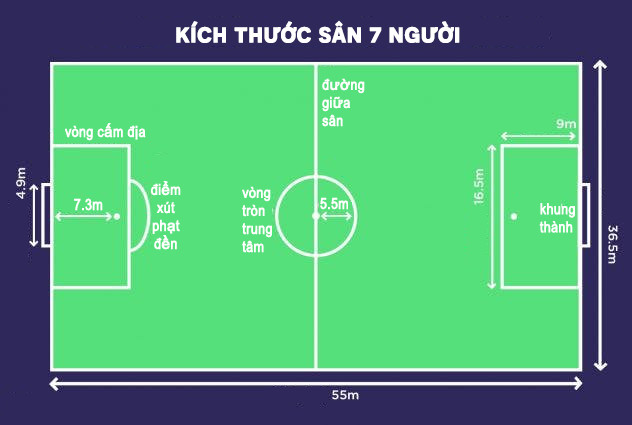 kích thước sân bóng đá 7 người theo chuẩn của fifa là bao nhiêu?
