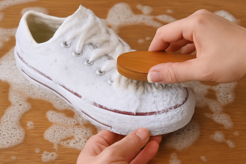 Thực hiện làm sạch giày lần hai với bàn chải mềm