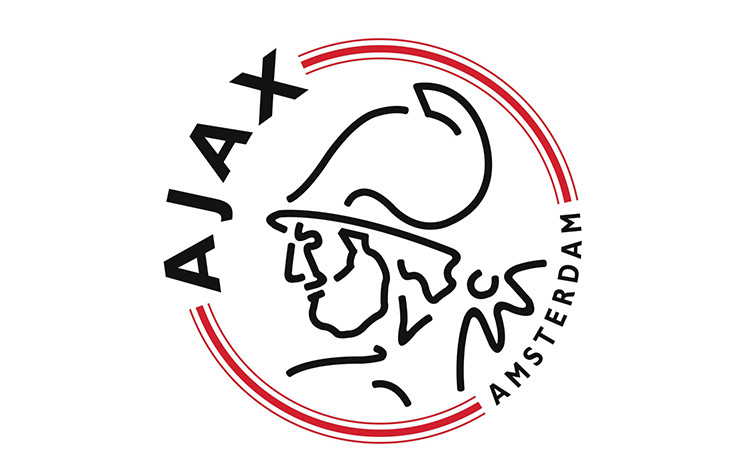 Logo AFC Ajax với chân dung vị anh hùng Hy Lạp Ajax cách điệu thành 11 đường nét, đại diện cho 11 cầu thủ trên sân.