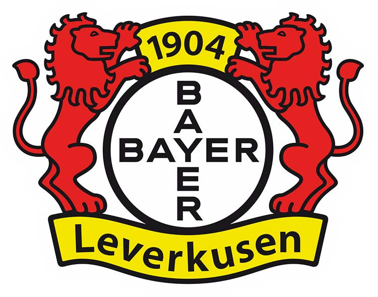 Logo Bayer 04 Leverkusen, với hai con sư tử đứng đối xứng và chữ thập của công ty Bayer, thể hiện sự kết nối với ngành dược phẩm.