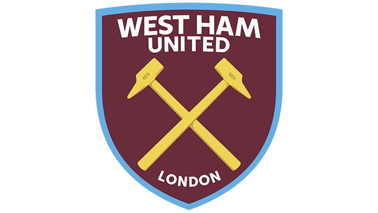 Logo của câu lạc bộ West Ham United với biểu tượng hai chiếc búa đan chéo, thể hiện di sản công nghiệp của đội bóng.