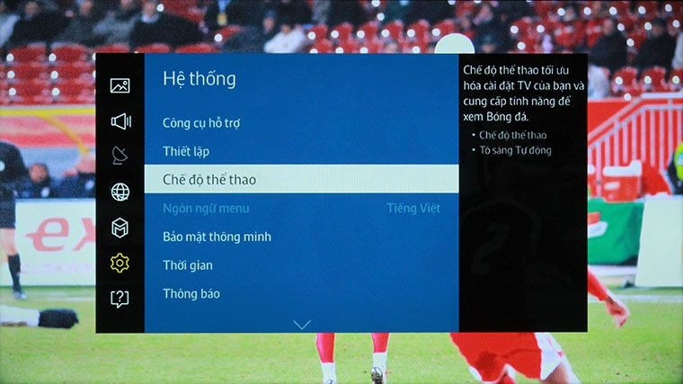 Lựa chọn 'Chế độ thể thao' trong cài đặt hệ thống của tivi Samsung