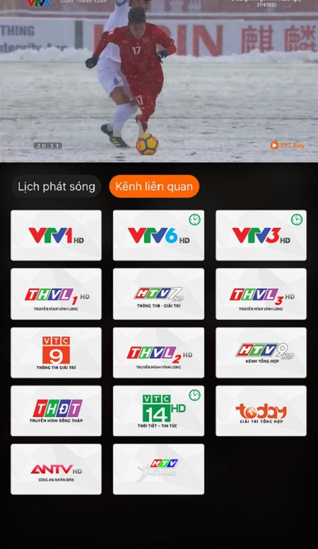 Lựa chọn kênh VTV3 hoặc VTV6 trên ứng dụng FPT Play để xem bóng đá