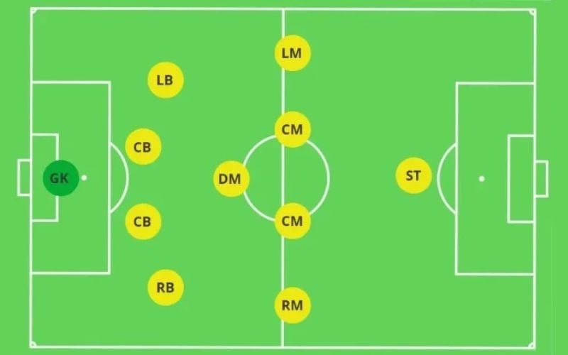 Mô phỏng sơ đồ chiến thuật bóng đá 4-1-4-1 với các vị trí và vai trò