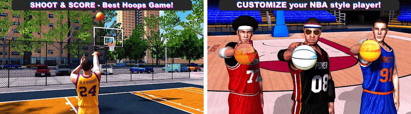 Màn hình game All-Star Basketball với cầu thủ đang ném bóng vào rổ và bảng điểm