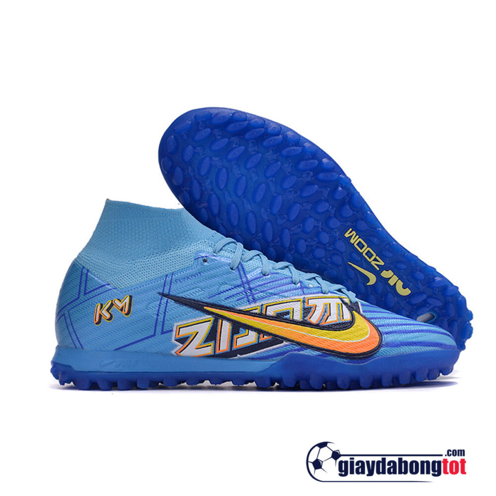 Mẫu giày bóng đá Nike cao cổ Superfly 9 Elite TF xanh dương vạch vàng, lấy cảm hứng từ Mbappe, tối ưu cho sân cỏ nhân tạo.