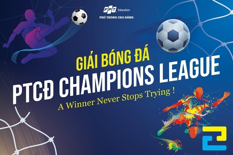 Mẫu phông nền giải bóng đá PTCĐ Champions League với biểu tượng cúp và logo các đội tham gia