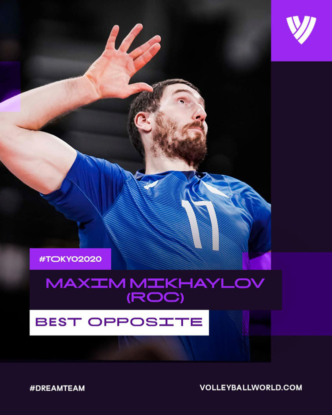 Maxim Mikhaylov của đội ROC, đối chuyền mạnh mẽ tại bóng chuyền nam Olympic 2021