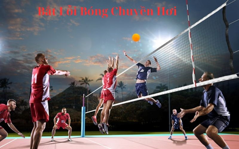 Một pha bắt lỗi bóng chuyền hơi chuyên nghiệp trên sân, thể hiện kỹ thuật chắn bóng hiệu quả