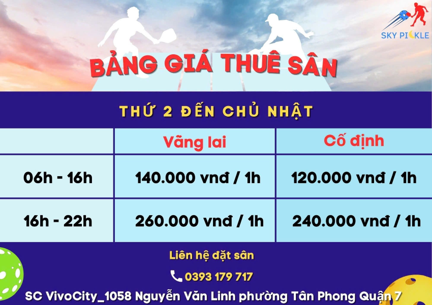 Bảng giá thuê sân Sky Pickleball Quận 7 chi tiết theo khung giờ và loại hình