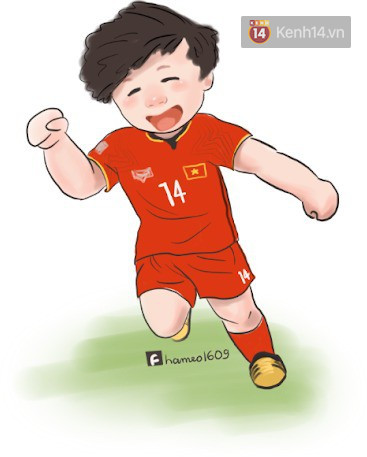 Nguyễn Công Phượng với mái tóc đặc trưng được phác họa ngộ nghĩnh trong phong cách chibi cầu thủ bóng đá Việt Nam