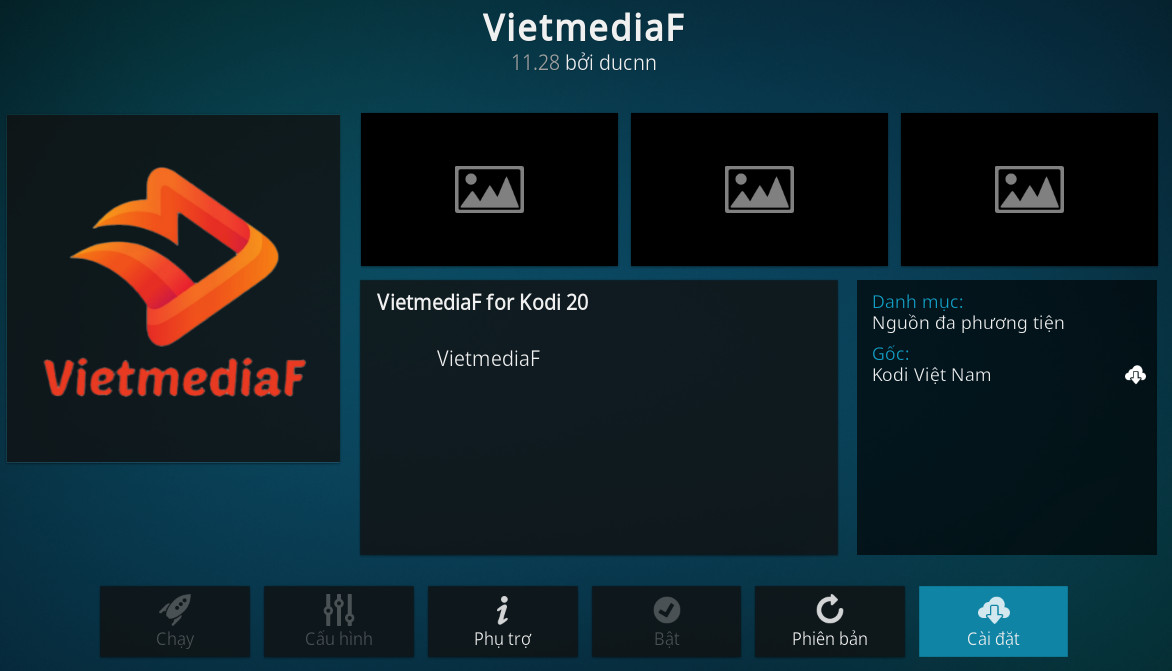 Nhấp nút cài đặt cho add-on VietmediaF, áp dụng tương tự cho các add-on xem bóng đá