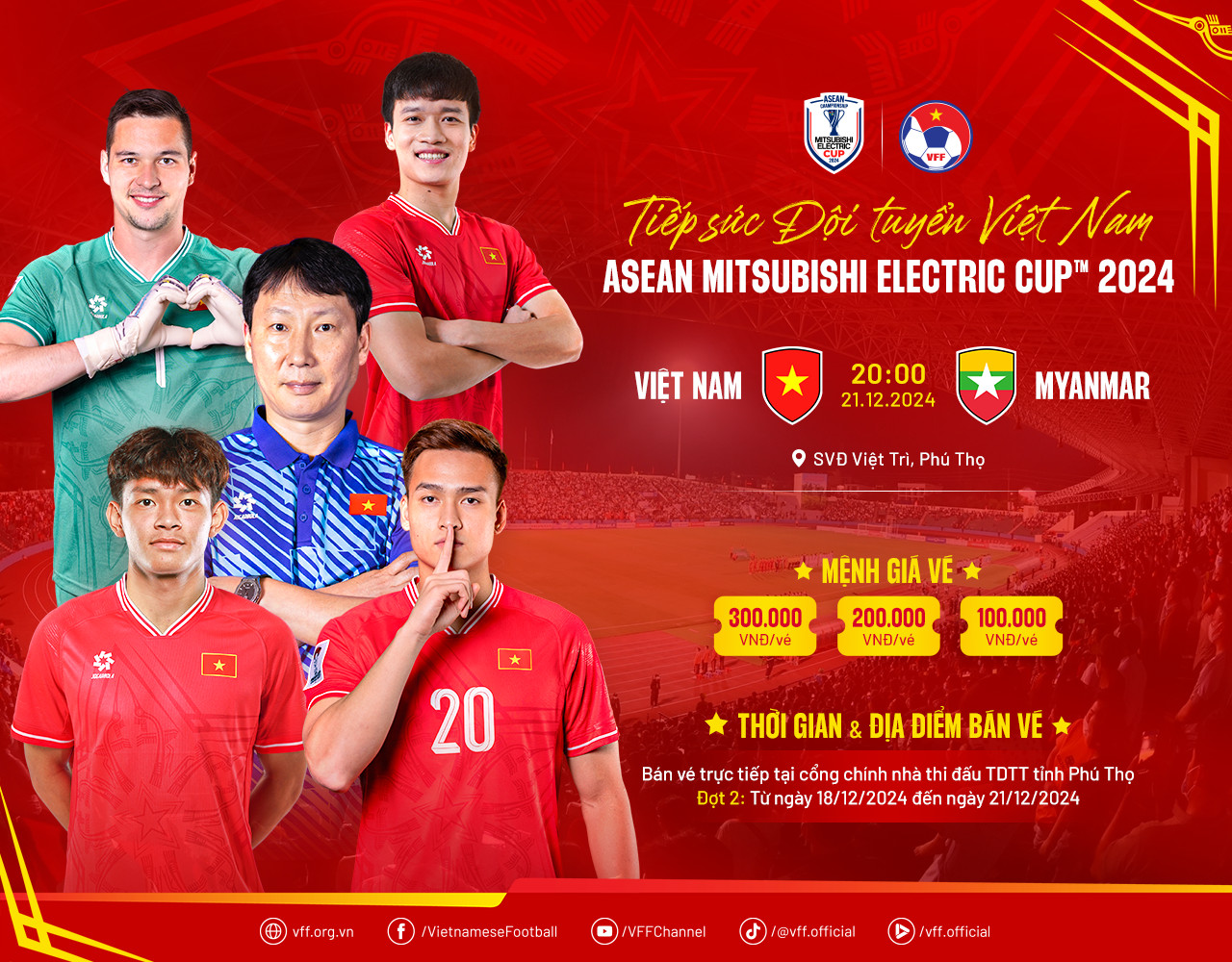 Poster thông báo bán vé trận đấu của Đội tuyển Việt Nam tại ASEAN Mitsubishi Electric Cup 2024