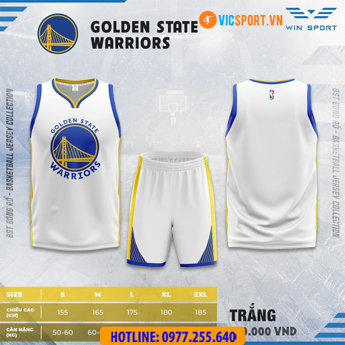Quần áo bóng rổ trẻ em Golden State Warriors màu trắng cực đẹp