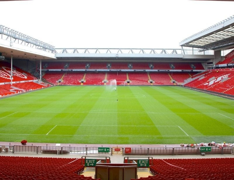 Sân vận động Anfield, sân nhà của Liverpool, với kích thước mặt sân thực tế