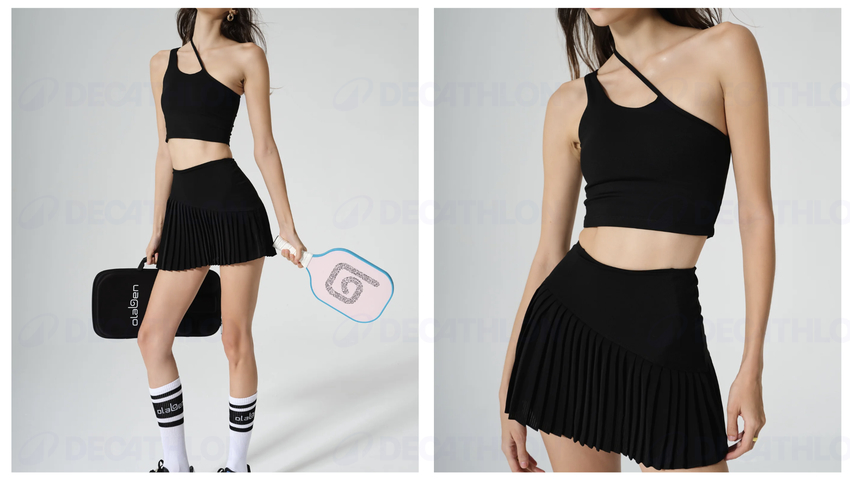 Set áo lệch vai đen phối chân váy đen xếp ly sexy, phong cách pickleball lệch vai