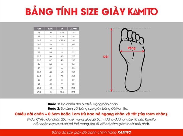 Bảng quy đổi kích thước giày Kamito QH19 theo chuẩn CM và các size quốc tế
